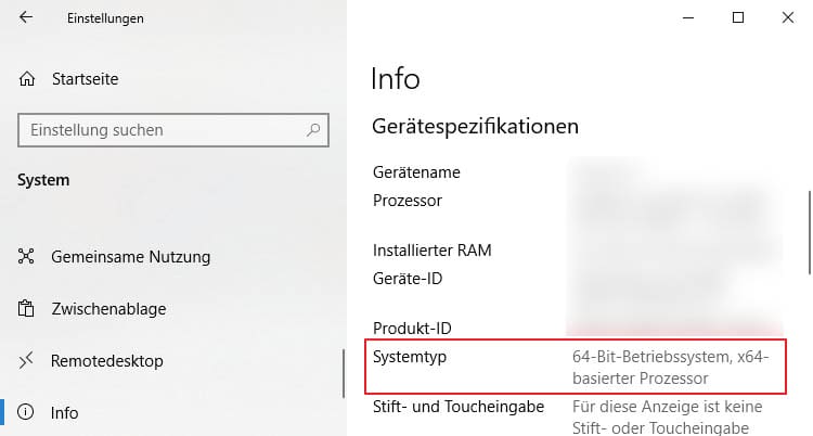 Screenshot des Info-Bildschirms unter Windows 10