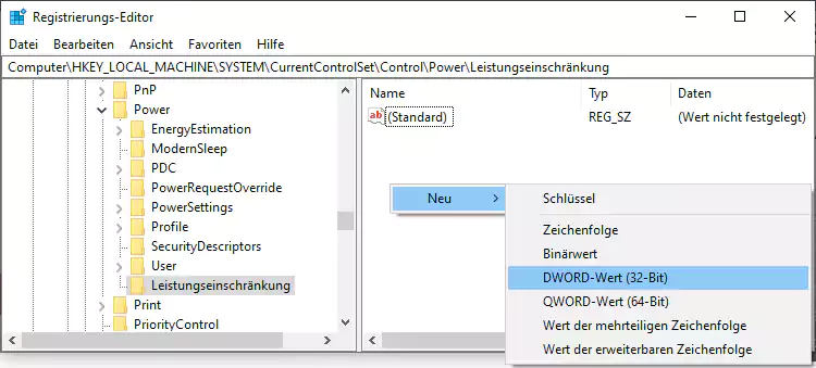 Screenshot: Windows 10 Registry DWORD anlegen