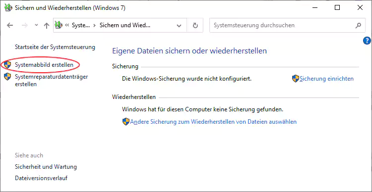 Screenshot: Windows 10 - Systemabbild erstellen