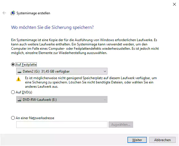 Screenshot: Windows 10 - Erstellen eines Systemabbilds