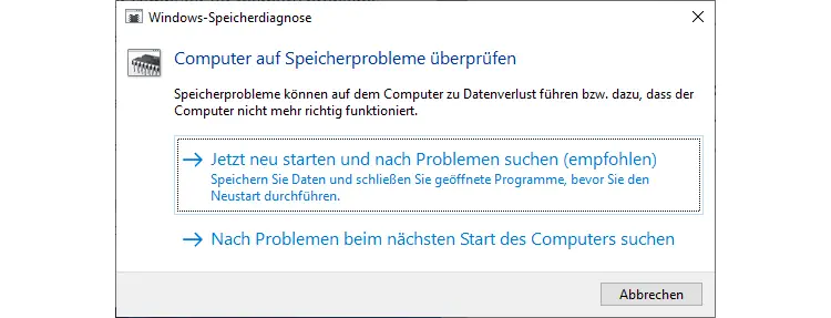 Screenshot: Computer auf Speicherprobleme durchsuchen