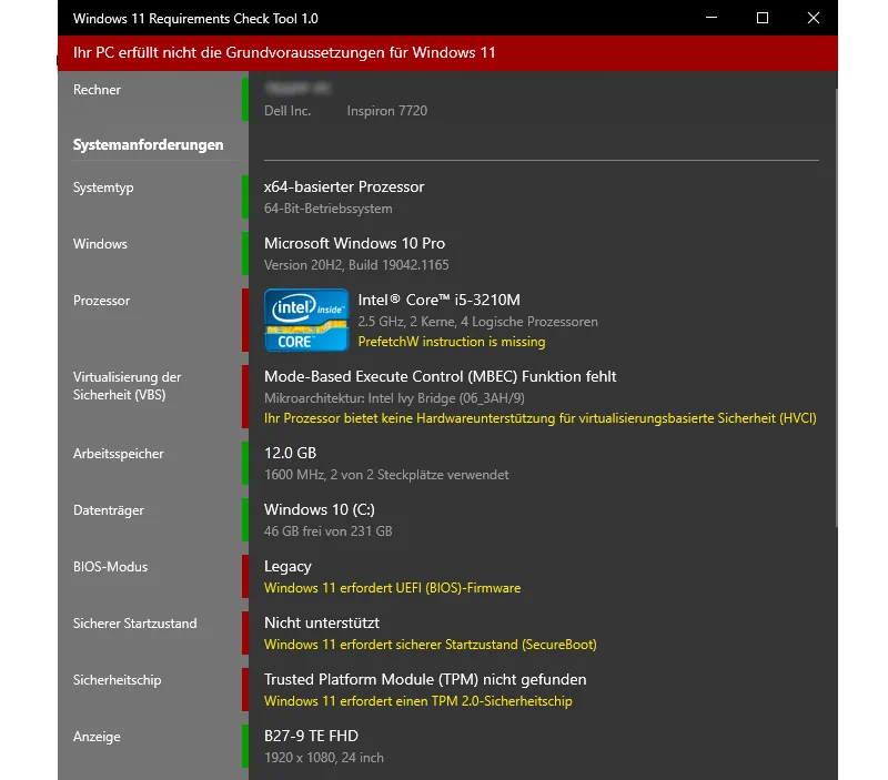 Screenshot - Windows 11 Requirements Check Tool
