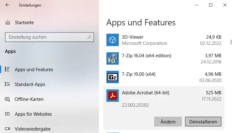 Screenshot: Deinstallieren von Software über Programme und Funktionen in der Systemsteuerung von Windows