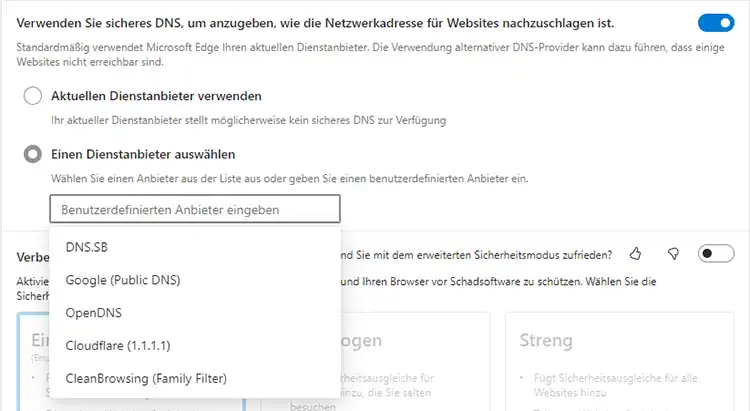 Screenshot zur Auswahl eines DNS-Dienstanbieters