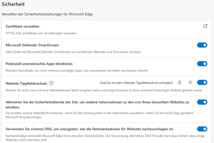 Screenshot der Sicherheitseinstellungen im Microsoft Edge-Browser