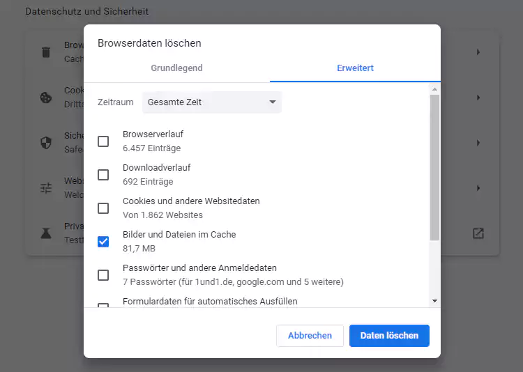 Windows 10 - Chrome - Browserdaten löschen - Zeitbereich - Optionen prüfen - Daten löschen