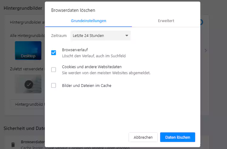 Windows 10 - Opera - Einstellungen - Datenschutz & Sicherheit - Browsingdaten löschen - Zeitbereich - Optionen prüfen - Löschen
