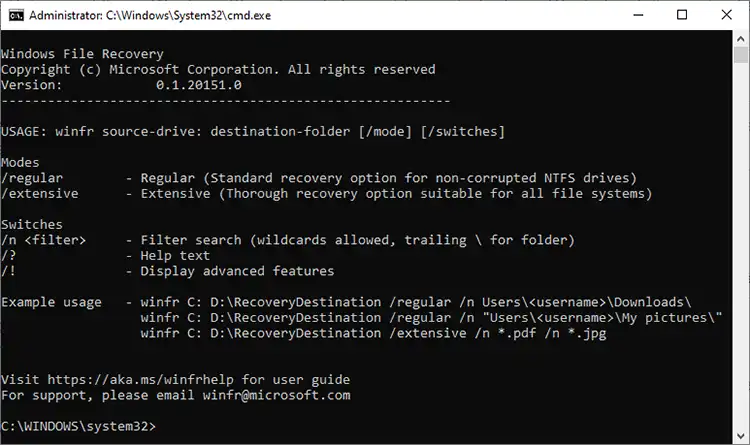 Verwendung des Windows File Recovery Utility in einem Eingabeaufforderungsfenster