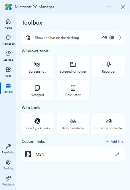 Screenshot: Microsoft PC Manager Toolbox