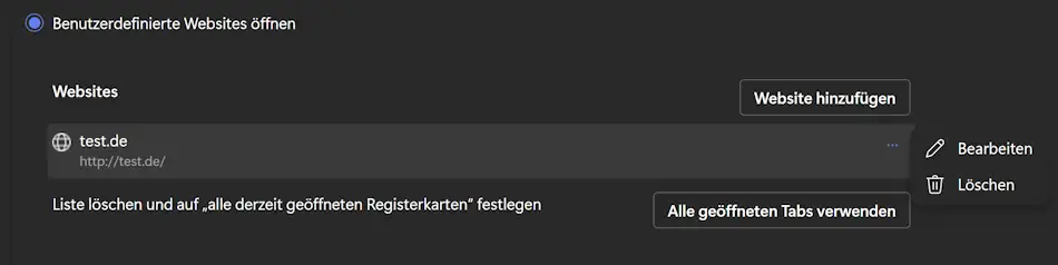 Screenshot: Startseite löschen / bearbeiten