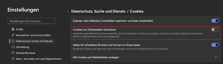 Screenshot; Einstellung - Cookies von Drittanbietern blockieren