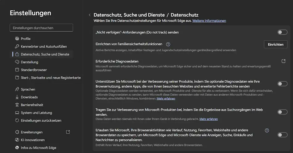 Screenshot: Edge-Datenschutzeinstellungen auf dem PC