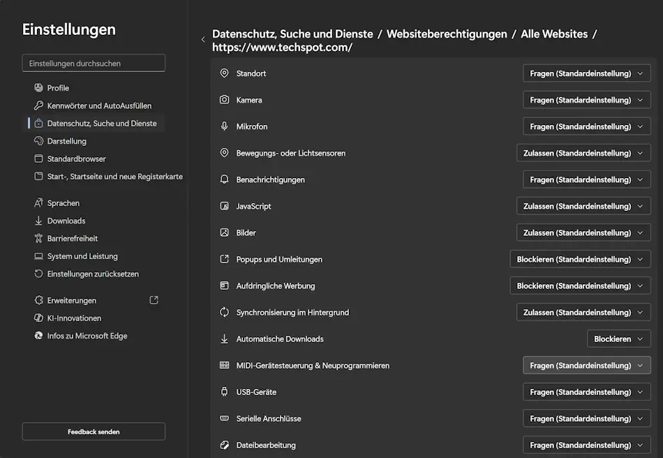 Screenshot: Einstellung der Webseitenberechtigung