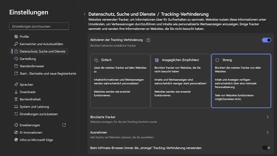 Screenshot: Einstellung für Tracking-Schutz in Edge