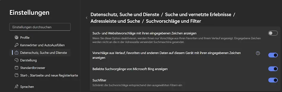 Screenshot: Senden Sie keine eingegebenen Suchanfragen mehr an Suchmaschinenanbieter
