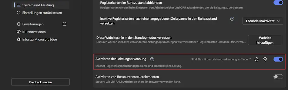 Screenshot: Einstellung der Leistungserkennung
