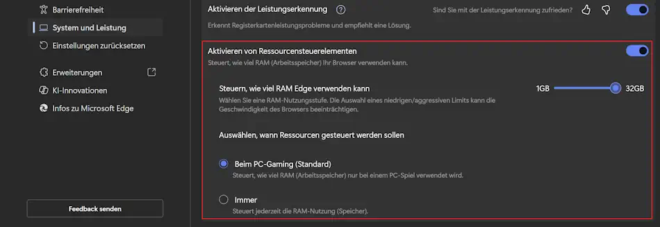 Screenshot: Edge-RAM-Zuweisung reduzieren