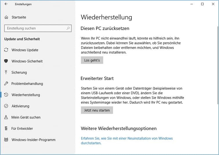 Windows 10 Recovery Optionen