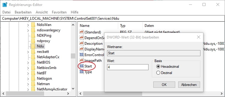 Windows 10 Registrierungs-Editor NDU-Sollwert ändern