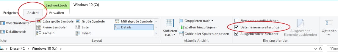 Datei-Explorer Einstellung Dateierweiterung