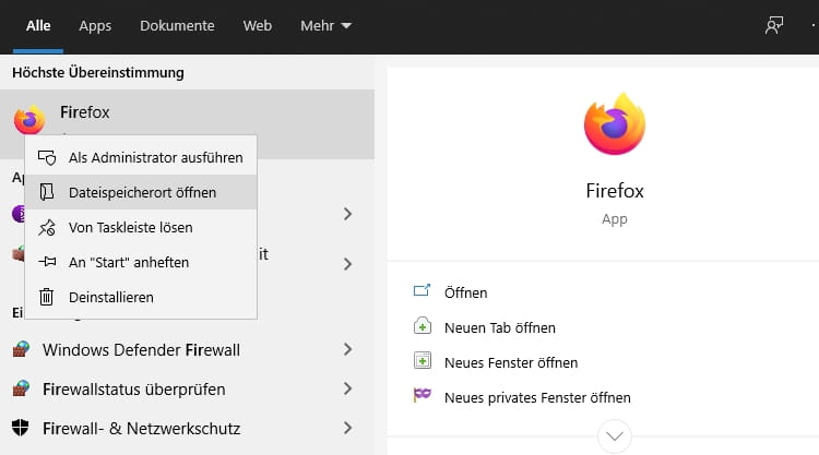 Windows 10: Suchergebnis für 'Firefox'