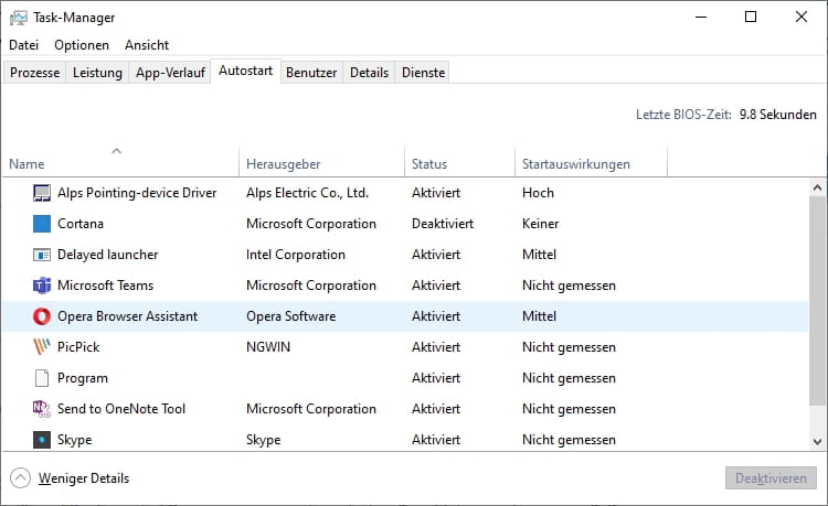 Windows 10 Task-Manager-Registerkarte Autostart