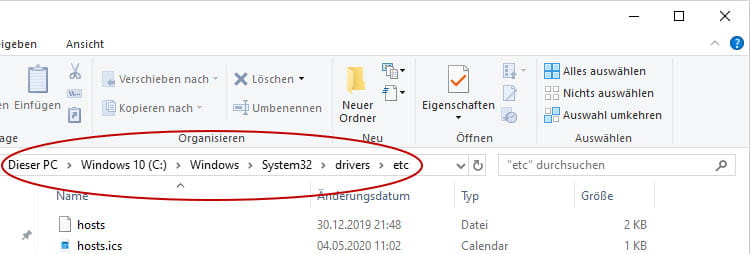 Host-Dateispeicherort in Windows 10