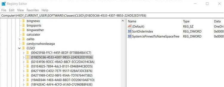 Screenshot: Windows 10 Registry-Einträgen CLSID-Nummer