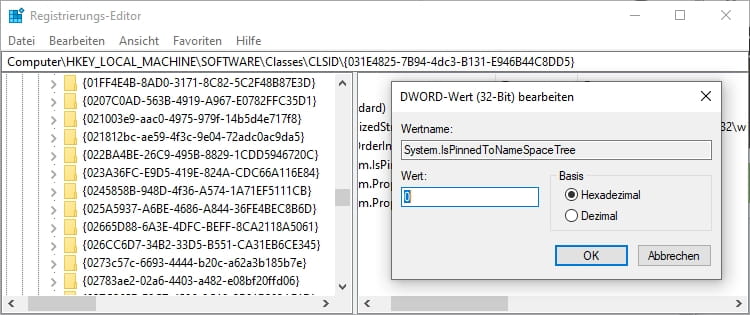 Screenshot: Registry Eintrag System.IsPinnedToNameSpaceTree