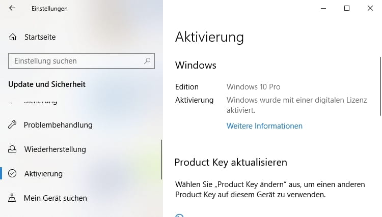 Screenshot - Windows 10 Einstellungen > Aktivierung