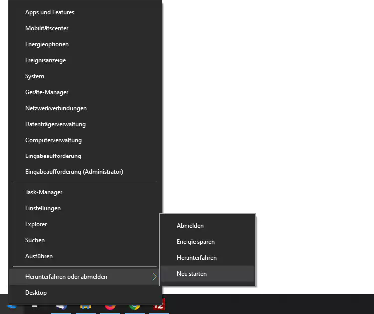 Screenshot: Windows 10 Neustart über Power-Menü