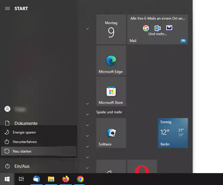 Screenshot: Windows 10 Neustart über Startsymbol