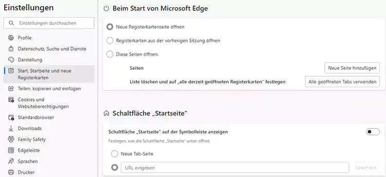 Dialog Startoptionen in Microsoft Edge