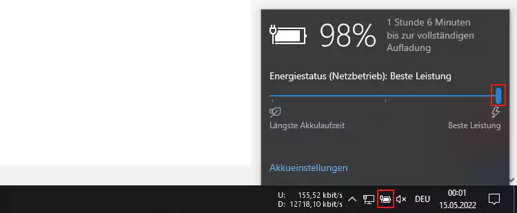 Screenshot: Windows 10 Akku-Einstellung