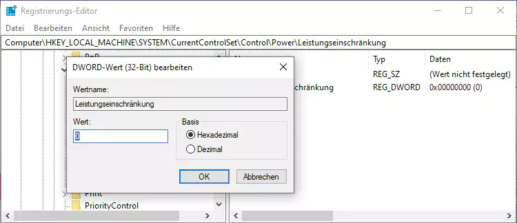 Screenshot: Windows 10 Registry DWORD Wert ändern