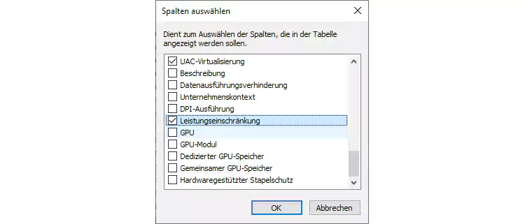 Screenshot: Windows 10 Task-Manager Leistungseinschränkung aktivieren
