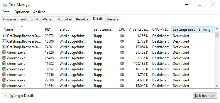 Screenshot: Windows 10 Task-Manage Spalte Leistungseinschränkung