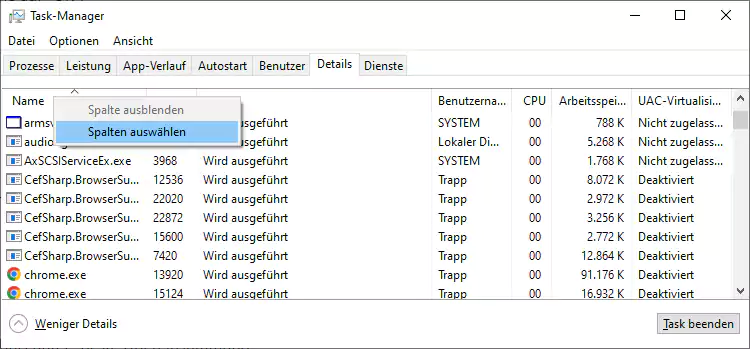 Screenshot: Windows 10 Task-Manager - Details - Spalten auswählen