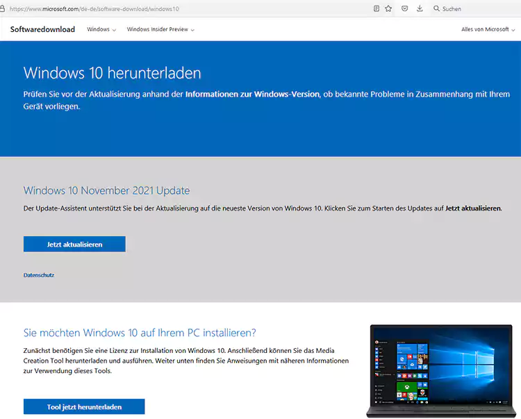 Screenshot der Windows Media Creation Tool-Webseite