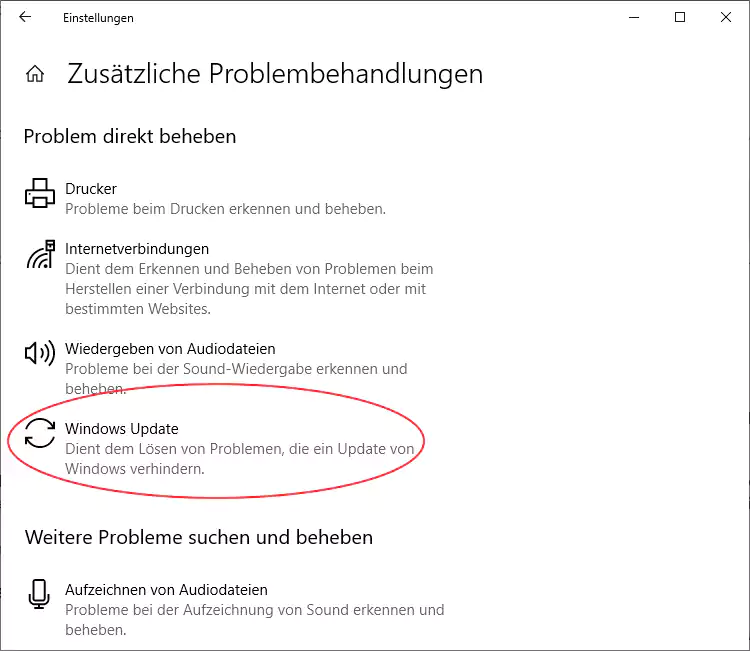 Screenshot des Windows 10-Problembehandlungsfensters
