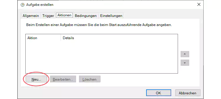 Screenshot: Windows 10 Aufgabenplanung Aktionen neu anlegen