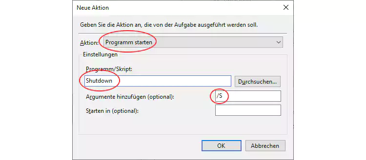 Screenshot: Windows 10 Aufgabenplanung Aktionen Shutdown