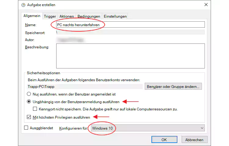 Screenshot: Windows 10 Aufgabe erstellen