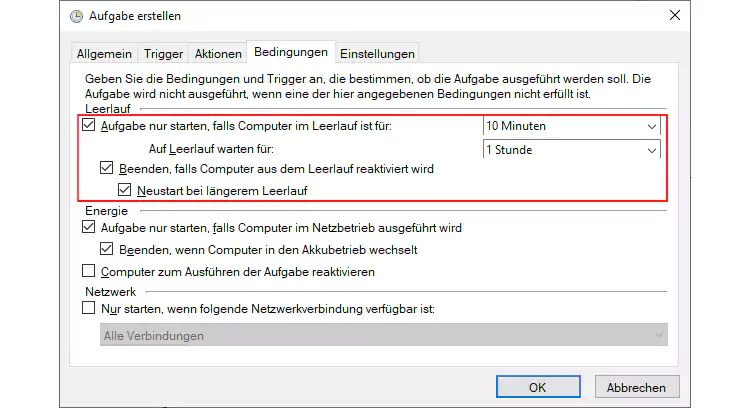 Screenshot: Windows 10 Aufgabenplanung Bedingungen