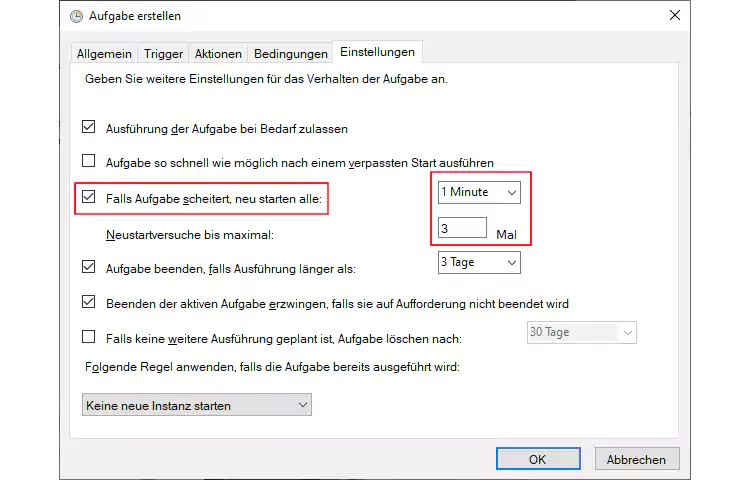 Screenshot: Windows 10 Aufgabenplanung Einstellungen
