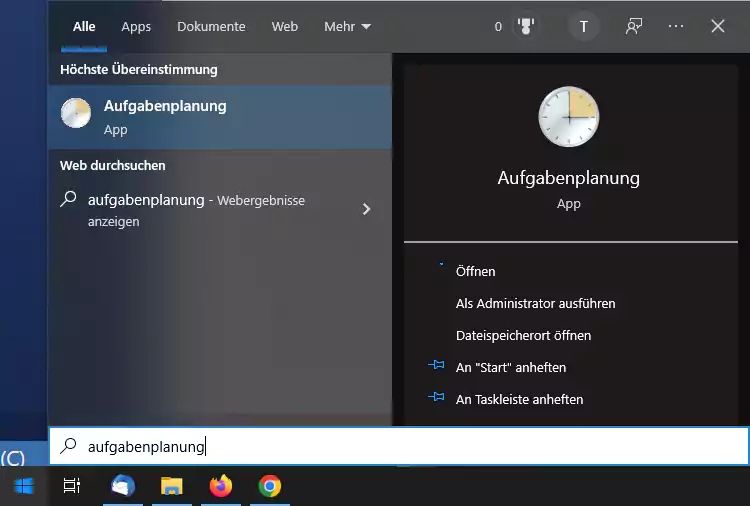 Screenshot: Windows 10 Aufgabenplanung über Startmenü öffnen