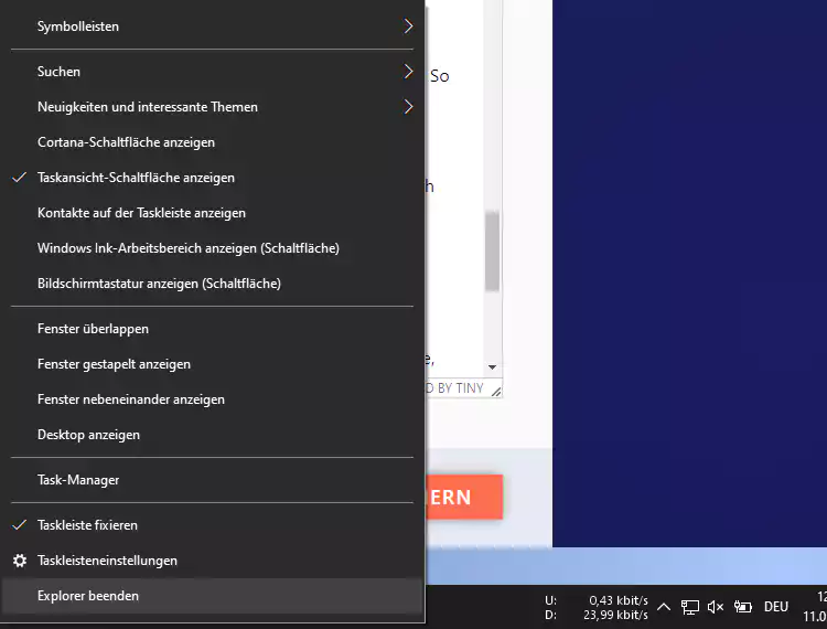 Screenshot: Windows 10 Task-Manager versteckter Menüeintrag