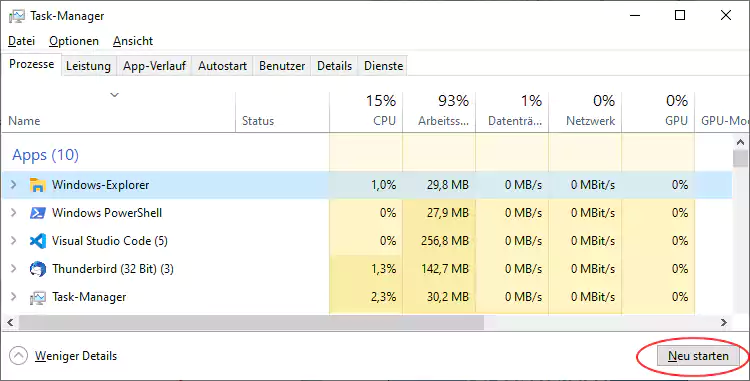 Screenshot: Windows 10 - Neustart über Task-Manager