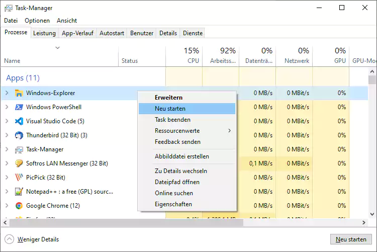 Screenshot: Windows 10 Neustart Explorer.exe über Kontextmenü des ask-Manager 