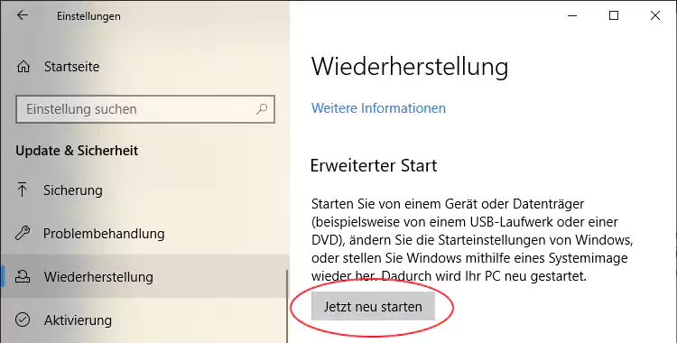 Screenshot: Windows 10 - Erweiterte Autostartoptionen